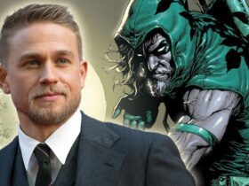 Charlie Hunnam beside an image of Green Arrow from DC Comics